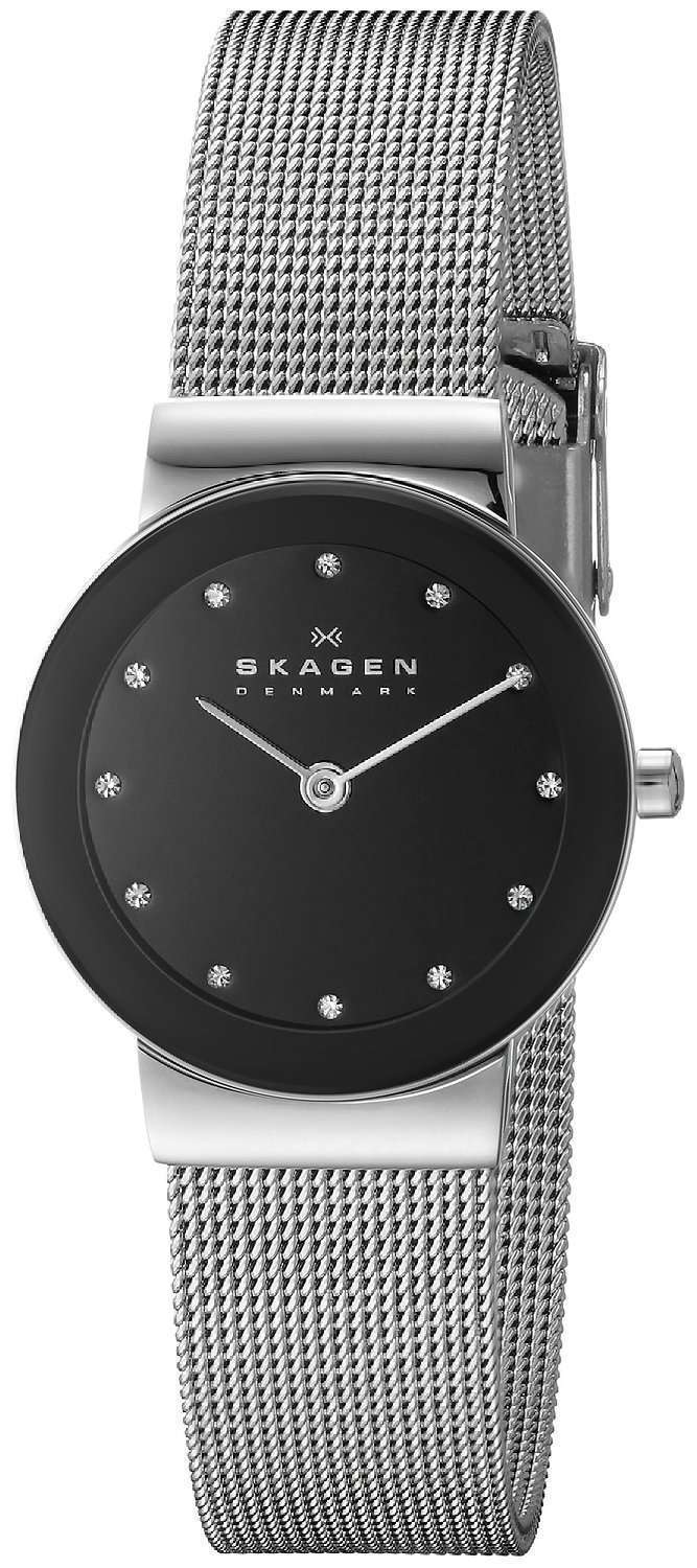 Skagen Freja Black Dial Swarovski Stainless Steel Mesh Bracelet 358SSSBD Womens Watch