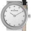 Skagen Freja Chrome Dial Swarovski Crystal Black Leather Strap 358XSSLBC Womens Watch
