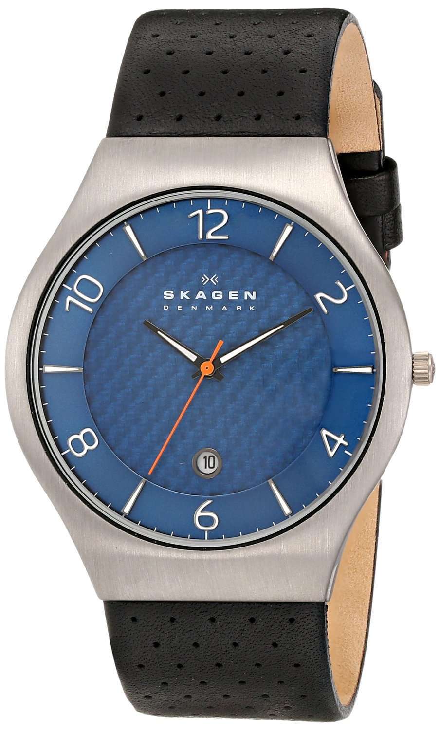 Skagen Grenen Blue Dial Perforated Black Leather SKW6148 Mens Watch