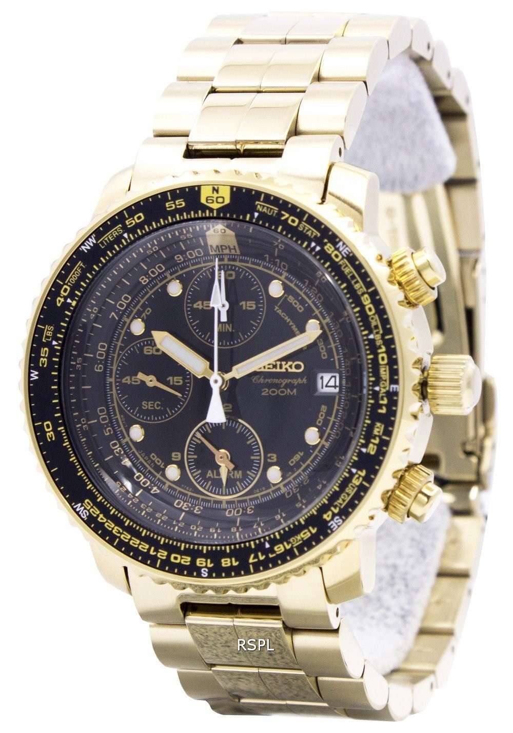 Seiko Alarm Chronograph Pilots Flightmaster Gold Plated SNA414P1 Watch