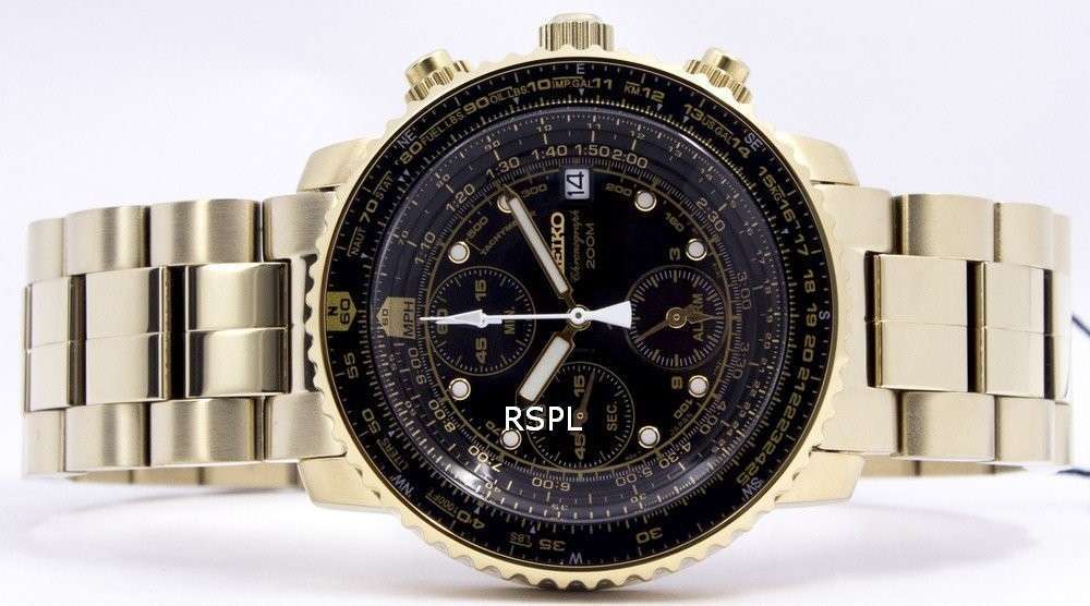 Seiko Alarm Chronograph Pilots Flightmaster Gold Plated SNA414P1 Watch