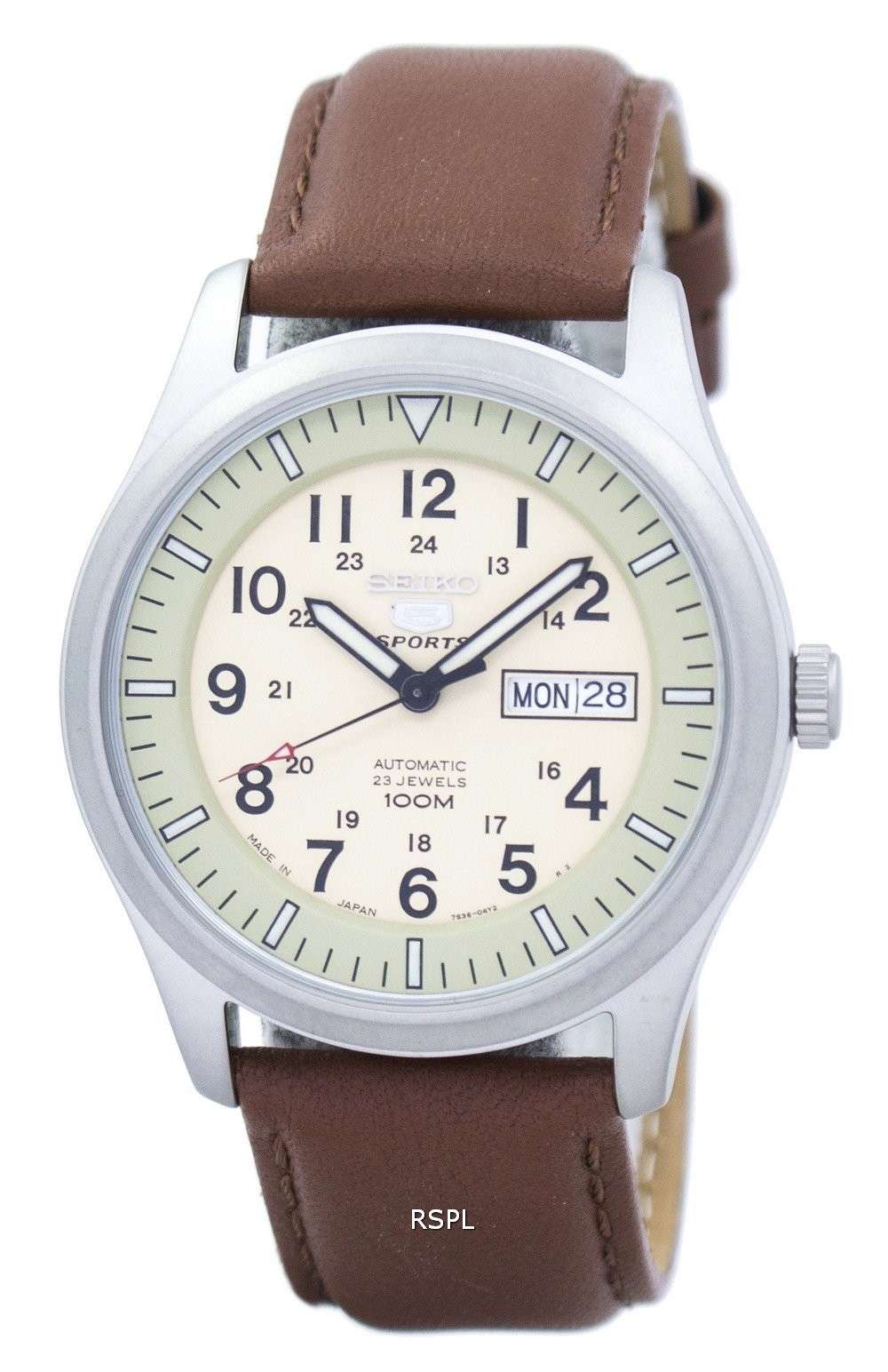 Seiko 5 Sports Military Automatic Japan Made Ratio Brown Leather  SNZG07J1-LS12 Men's Watch - Zetamarket