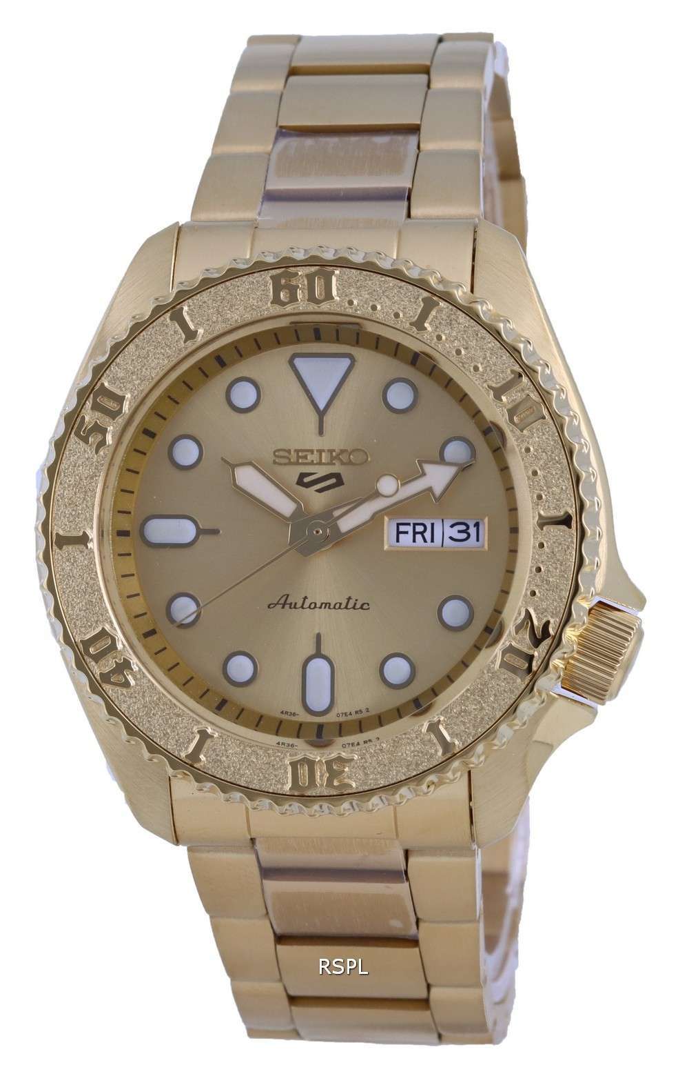 Seiko 5 Sports Gold Tone Dial Automatic SRPE74 SRPE74K1 SRPE74K 100M Mens Watch