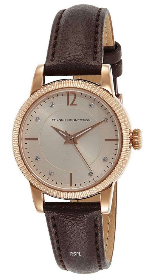 French Connection Crystal Accents Leather Strap Quartz FCS1006T Womens Watch