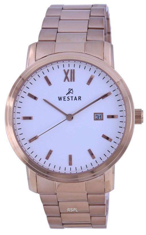 Westar White Dial Rose Gold Tone Stainless Steel Quartz 50245 PPN 601 Mens Watch