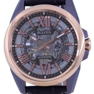 Bulova Classic Skeleton Silver Dial Leather Strap Automatic 98A165 100M Mens Watch