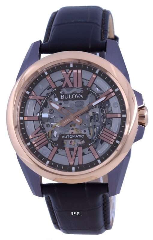 Bulova Classic Skeleton Silver Dial Leather Strap Automatic 98A165 100M Mens Watch