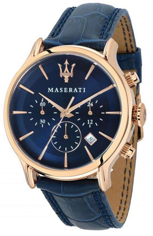 Maserati Epoca Chronograph Blue Dial Leather Strap Quartz R8871618013 100M Mens Watch