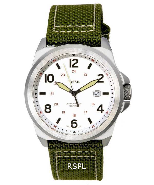 Fossil Bronson Olive Nylon Strap Silver Dial Quartz FS5918 100M Men's Watch