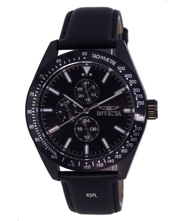 Invicta Aviator Tachymeter Leather Strap Black Dial Quartz 38982 100M Mens Watch