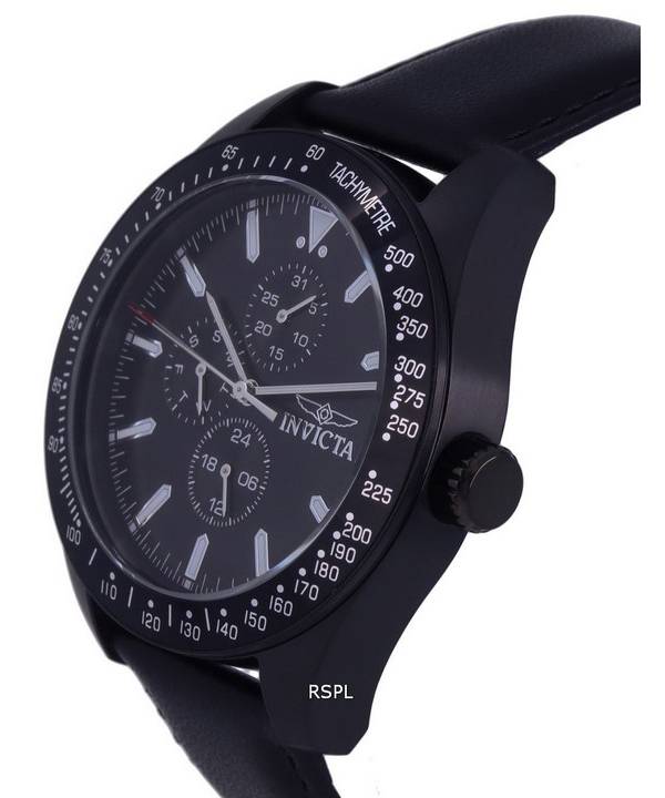 Invicta Aviator Tachymeter Leather Strap Black Dial Quartz 38982 100M Mens Watch