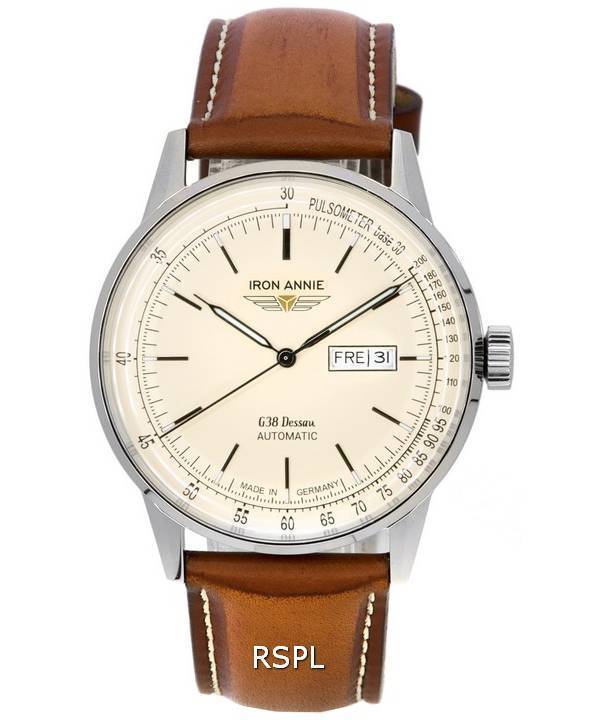 Iron Annie G38 Dessau Leather Strap Beige Dial Automatic 53665 100M Mens Watch