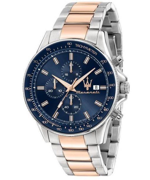 Maserati Sfida Chronograph Two Tone Stainless Steel Blue Dial Quartz R8873640012 100M Men's Watch