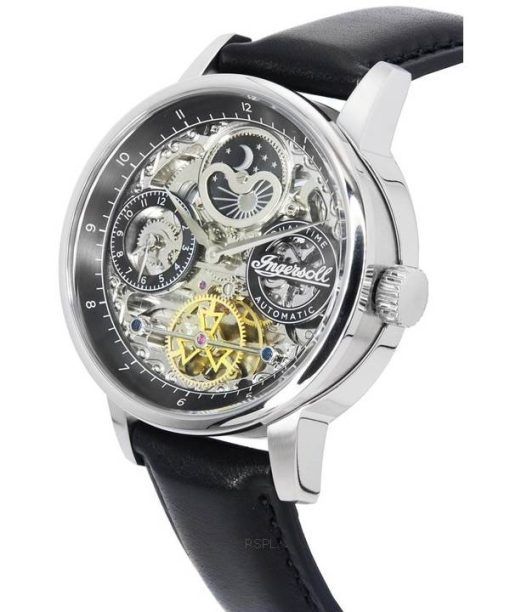 Ingersoll The Jazz Sun and Moon Phase Leather Strap Skeleton Silver Dial Automatic I07701 Mens Watch