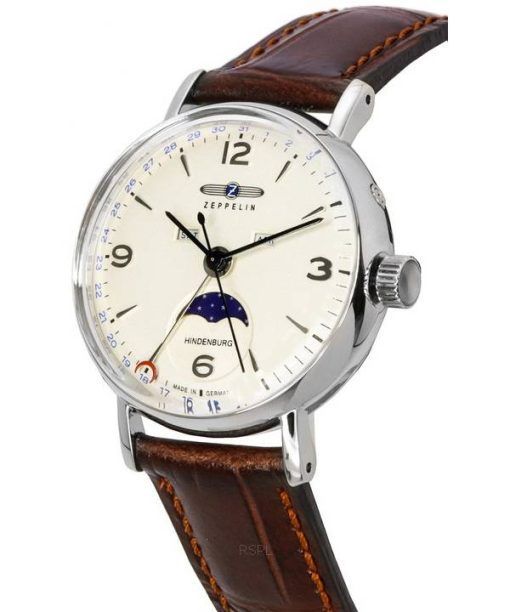 Zeppelin LZ 129 Hindenburg Leather Strap Moon Phase Beige Dial Quartz 80775 Men's Watch