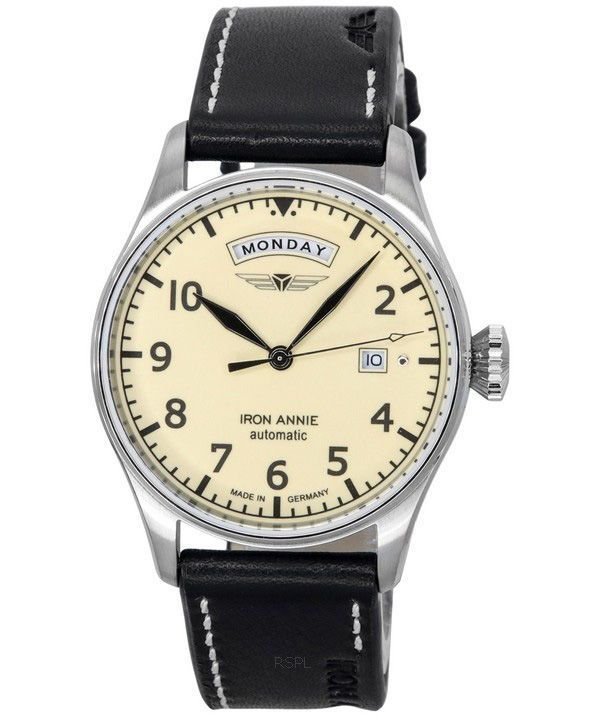 Iron Annie Cockpit Flight Control Leather Strap Full Luminous Beige Dial Automatic 51645 Mens Watch