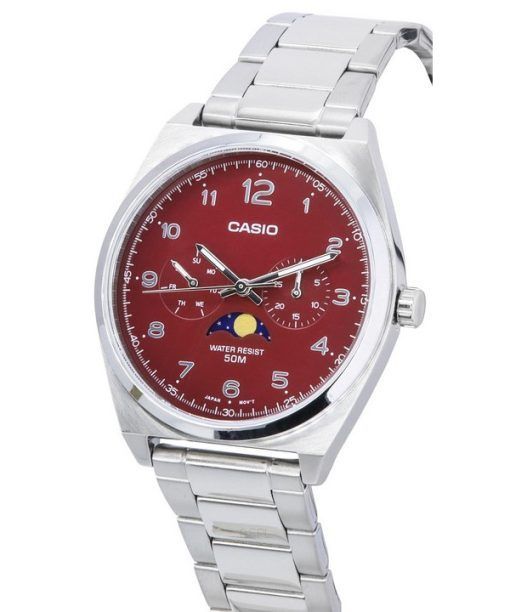 Casio Standard Analog Stainless Steel Moon Phase Red Dial Quartz MTP-M300D-4A MTPM300D-4 Mens Watch