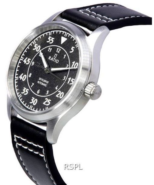 Ratio Skysurfer Pilot Black Textured Dial Leather Automatic RTS320 200M Mens Watch