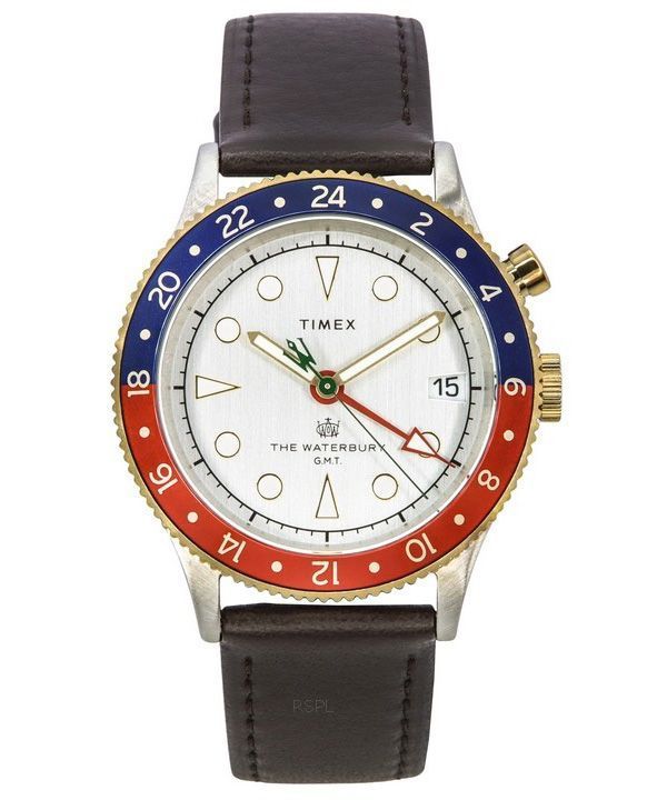 Timex Waterbury Traditional GMT Leather Strap White Dial Quartz TW2U99100 100M Mens Watch