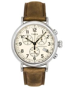 Timex Standard Chronograph Leather Strap Luminous Beige Dial Quartz TW2V27600 Mens Watch