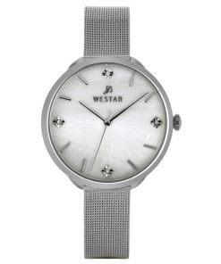 Westar Zing Crystal Accents Stainless Steel Mesh White Mother Of Pearl Dial Quartz 00128STN11 Women's Watch