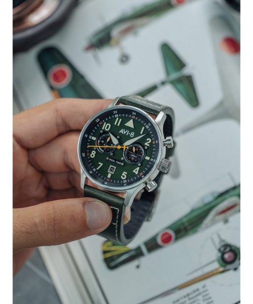 AVI-8 Hawker Hurricane Carey Dual Time Merville Green Dial Quartz AV-4088-02 Mens Watch