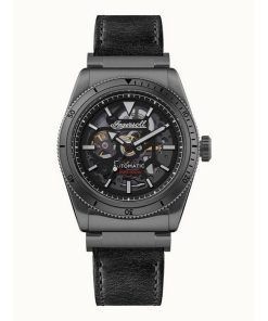 Ingersoll The Scovill Black Leather Strap Black Skeleton Dial Automatic I13902 100M Mens Watch