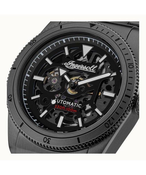 Ingersoll The Scovill Black Leather Strap Black Skeleton Dial Automatic I13902 100M Mens Watch