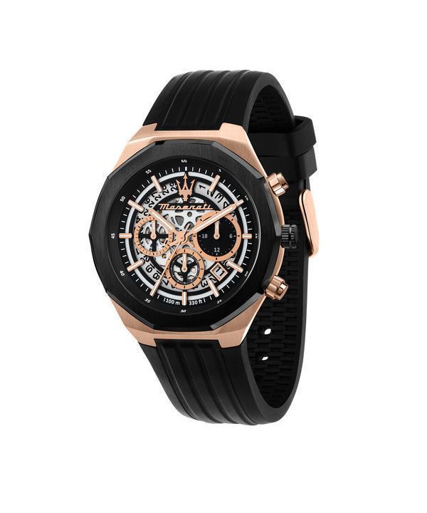 Maserati Stile Chronograph Rubber Strap Black Skeleton Dial Quartz R8871642003 100M Men's Watch