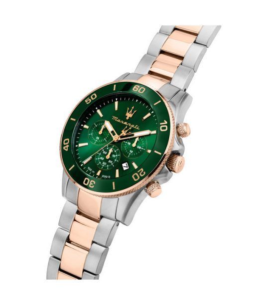 Maserati Competizione Chronograph Two Tone Stainless Steel Green Dial Quartz R8873600004 100M Men's Watch