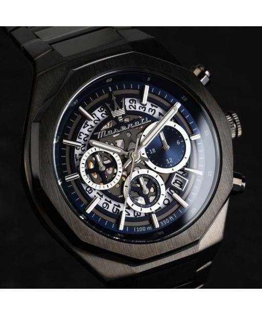Maserati Stile Chronograph Stainless Steel Blue Skeleton Dial Quartz R8873642012 100M Men's Watch
