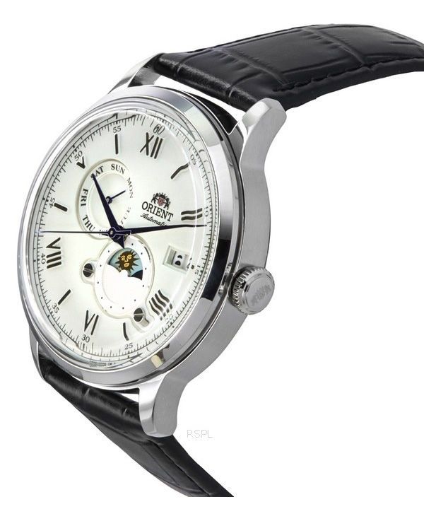 Orient Bambino Version 9 Sun And Moon Phase Leather Strap White Dial Automatic RA-AK0802S10B Men's Watch