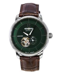 Zeppelin Watches LZ 120 Bodensee Leather Strap Open Heart Green Dial Automatic 81664 Men's Watch