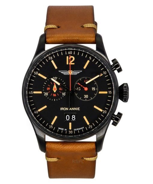 Iron Annie Flight Control Chronograph Leather Strap Black Dial Swiss Quartz 51842 Mens Watch