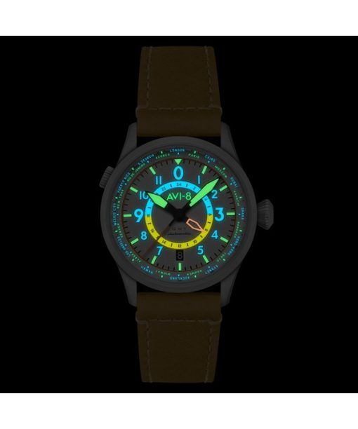 AVI-8 Flyboy Wingman Worldtimer GMT Automatic Sand Green Strap Cream Dial AV-4120-02 Men's Watch With Extra Strap