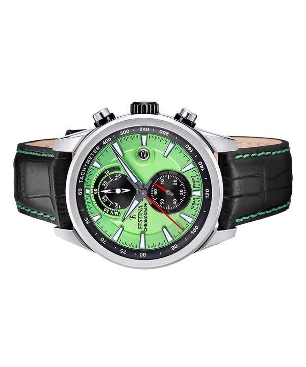 Festina Timeless Chronograph Leather Strap Green Dial Quartz F20695-3 100M Men's Watch