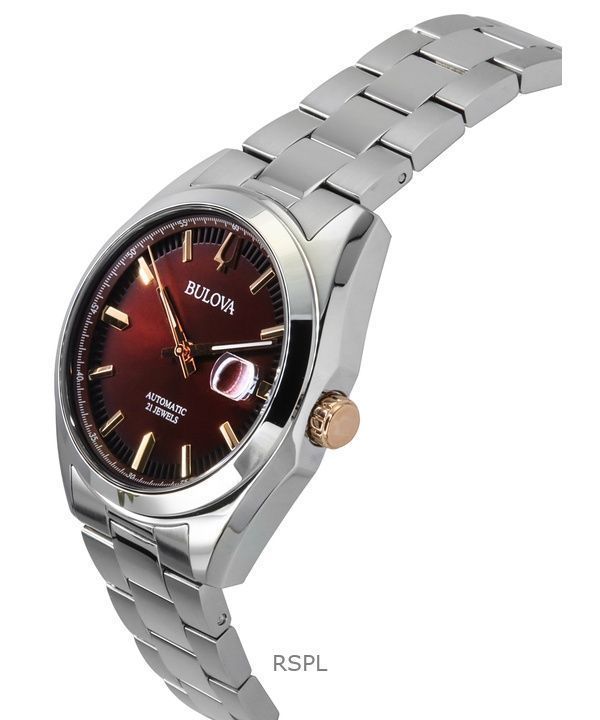 Bulova Surveyor Stainless Steel Burgundy Dial Automatic 98B422 Men's Watch
