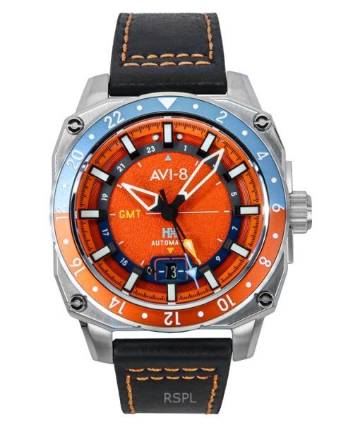 AVI-8 Hawker Hunter Atlas GMT Orangish Red Leather Strap Orange Dial Automatic AV-4122-06 Men's Watch