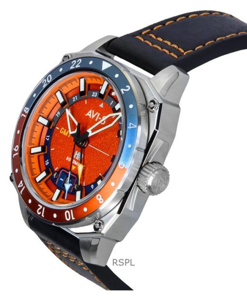 AVI-8 Hawker Hunter Atlas GMT Orangish Red Leather Strap Orange Dial Automatic AV-4122-06 Men's Watch