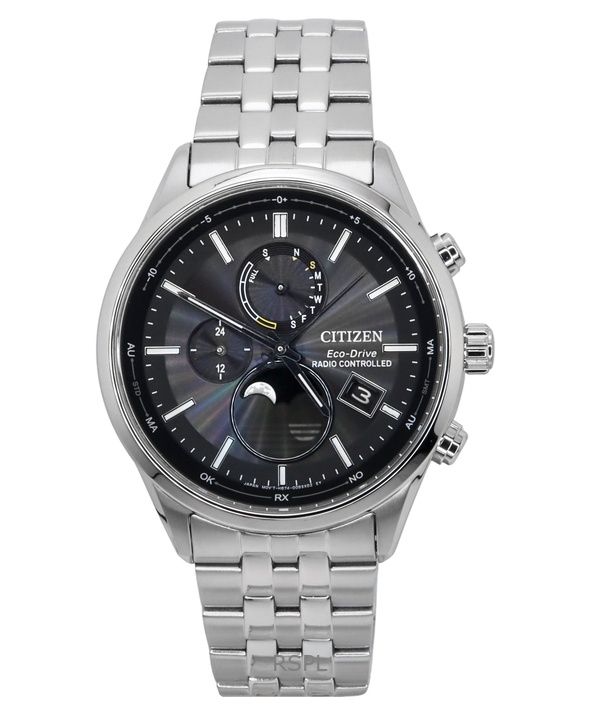 Citizen Eco-Drive Radio Controlled Moon Phase Stainless Steel Black Dial BY1030-50E 100M Men's Watch