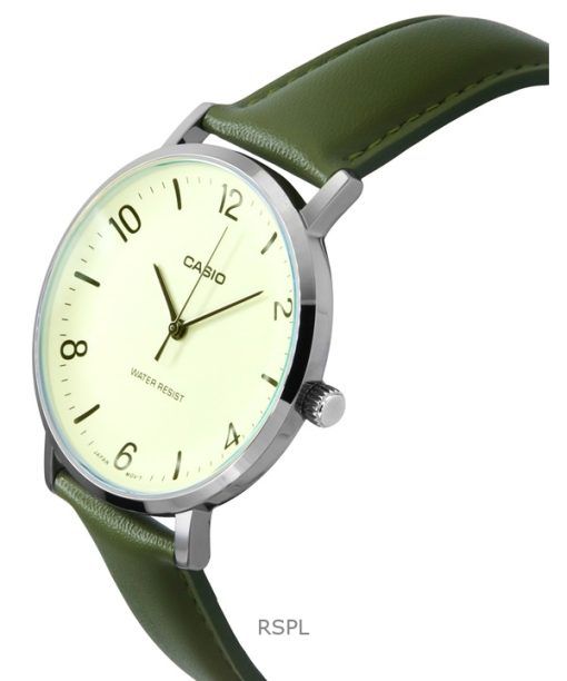Casio Standard Analog Green Leather Strap White Dial Quartz MTP-VT03L-7B Men's Watch
