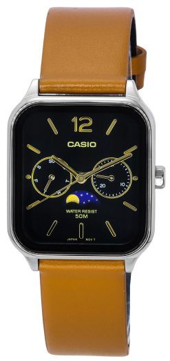 Refurbished Casio Standard Analog Moon Phase Leather Strap Black Dial Quartz MTP-M305L-1A Men's Watch