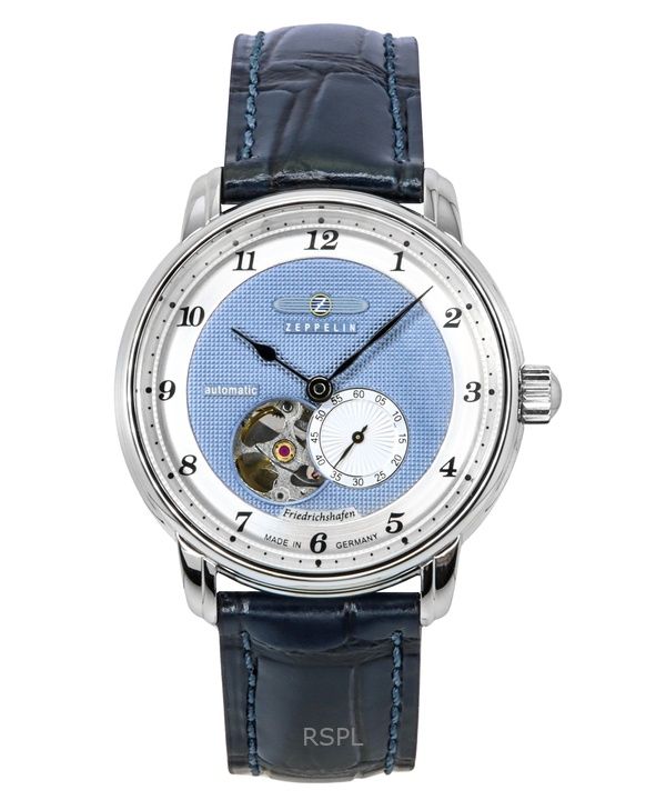 Zeppelin Friedrichshafen Leather Strap Blue Open Heart Dial Automatic 85663 Men's Watch