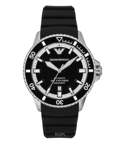 Emporio Armani Sea Explorer Silicone Strap Black Dial Automatic Divers AR60078 200M Mens Watch