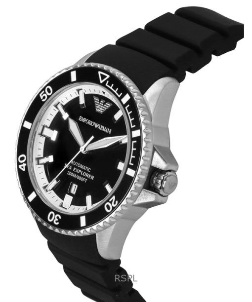Emporio Armani Sea Explorer Silicone Strap Black Dial Automatic Divers AR60078 200M Mens Watch