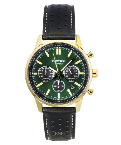 Casio Edifice Analog Chronograph Leather Strap Green Dial Quartz EFR-575CL-3A 100M Mens Watch