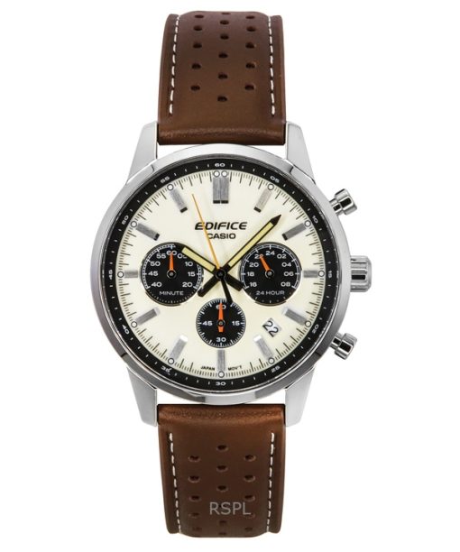 Casio Edifice Analog Chronograph Leather Strap Cream Dial Quartz EFR-575L-7A 100M Mens Watch