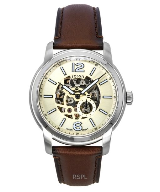 Fossil Heritage Brown Leather Strap Cream Skeleton Dial Automatic ME3264 Mens Watch