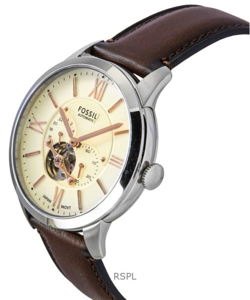 Fossil Townsman Leather Strap Open Heart Cream Dial Automatic ME3266 Mens Watch