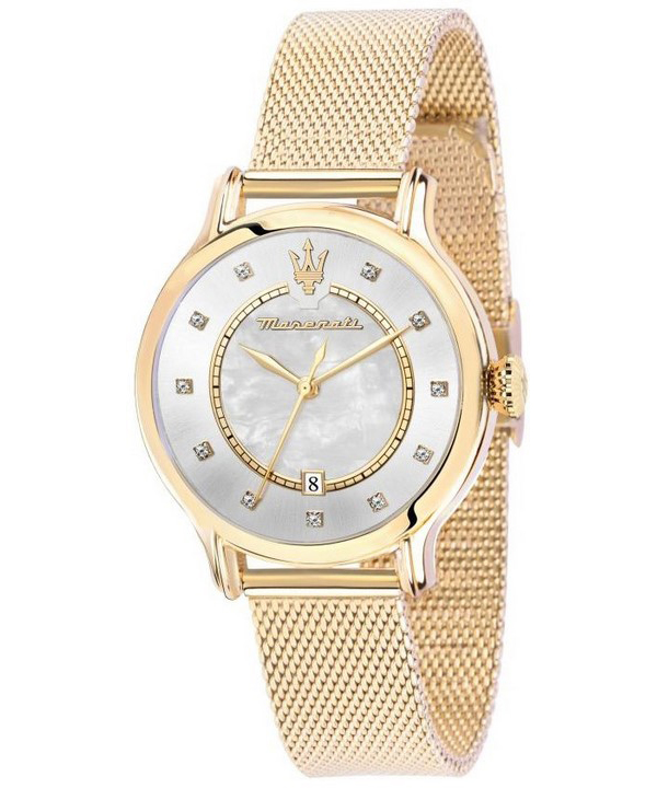 Maserati Epoca Crystal Accents Gold Tone Stainless Steel Mesh Mother Of Pearl Dial Quartz R8853118512 100M Womens Watch